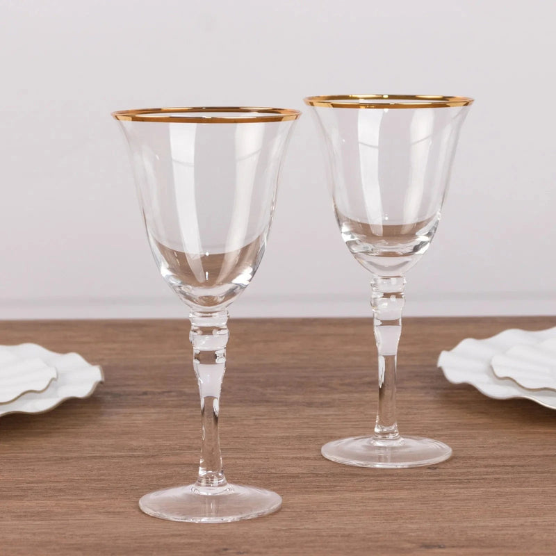 6 Wine Goblet Glasses 9oz Rimmed Design with Long Beaded Stem - Clear and Gold GLAS_CUWN002_8_CLGD