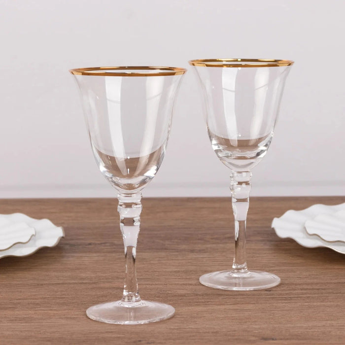 6 Wine Goblet Glasses 9oz Rimmed Design with Long Beaded Stem - Clear and Gold GLAS_CUWN002_8_CLGD
