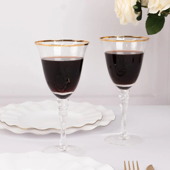 6 Wine Goblet Glasses 9oz Rimmed Design with Long Beaded Stem - Clear and Gold GLAS_CUWN002_8_CLGD