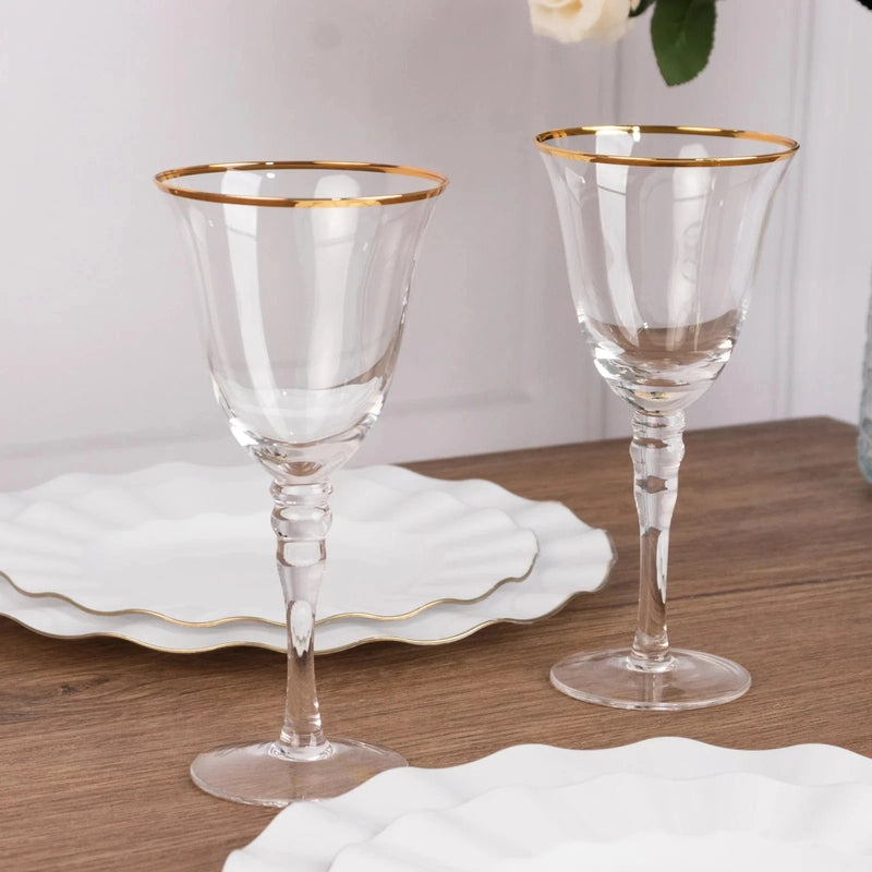 6 Wine Goblet Glasses 9oz Rimmed Design with Long Beaded Stem - Clear and Gold GLAS_CUWN002_8_CLGD