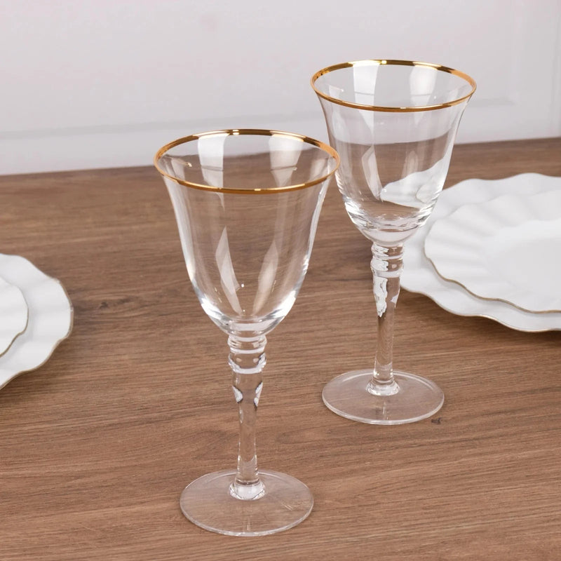 6 Wine Goblet Glasses 9oz Rimmed Design with Long Beaded Stem - Clear and Gold GLAS_CUWN002_8_CLGD