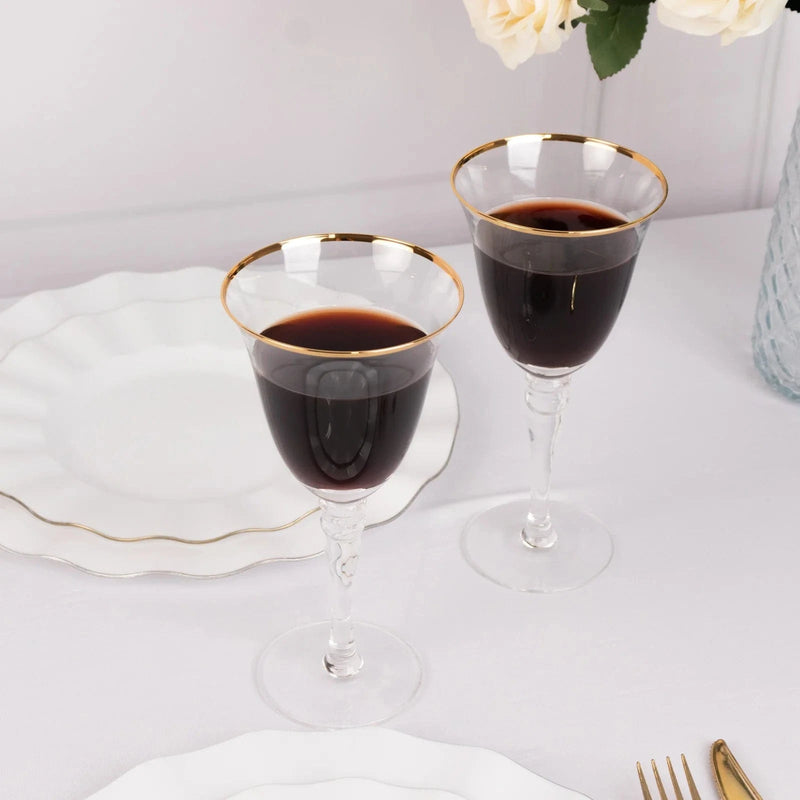 6 Wine Goblet Glasses 9oz Rimmed Design with Long Beaded Stem - Clear and Gold GLAS_CUWN002_8_CLGD