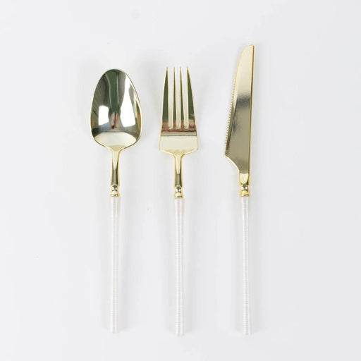 60 Gold Plastic Cutlery Fork Spoon Knife Set with White Handle - Disposable Tableware DSP_YY0018_BR_8_WHGD_PK60