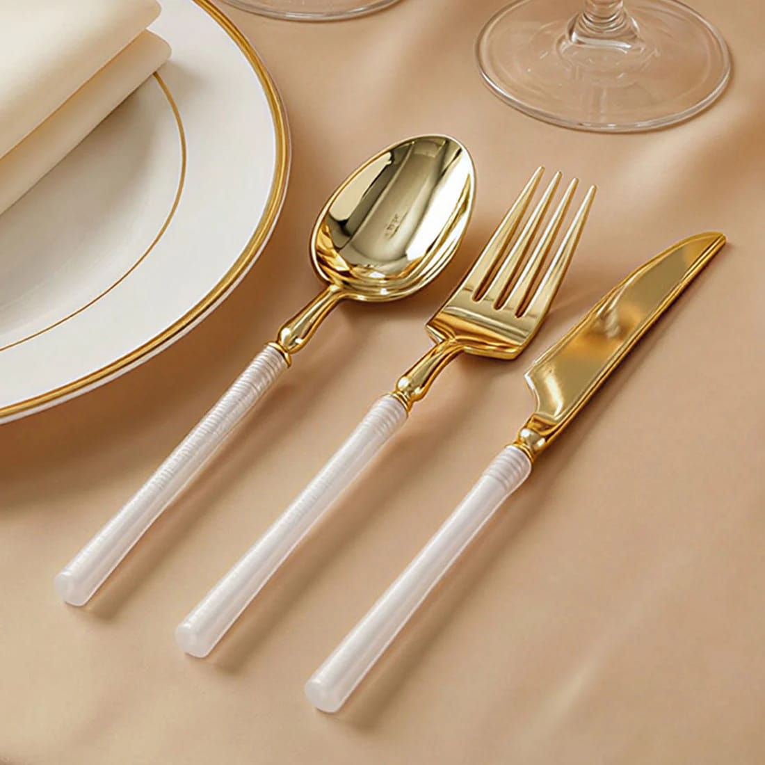 60 Gold Plastic Cutlery Fork Spoon Knife Set with White Handle - Disposable Tableware DSP_YY0018_BR_8_WHGD_PK60