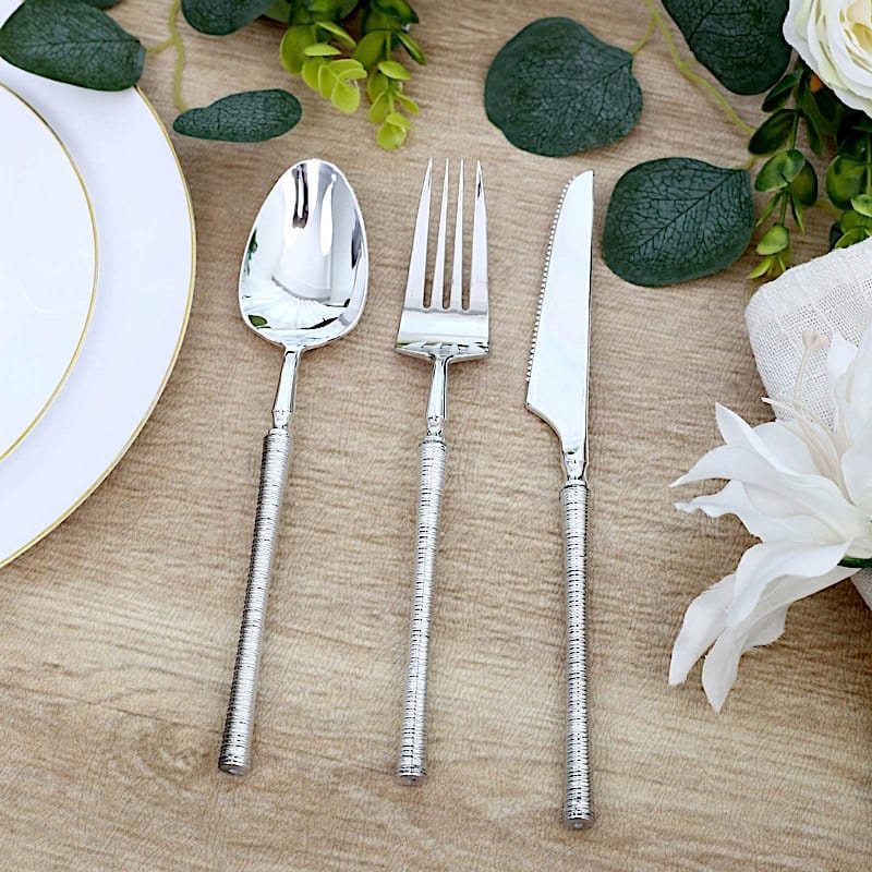 60 Plastic Cutlery Fork Spoon Knife Set with Ribbed Handle - Disposable Tableware