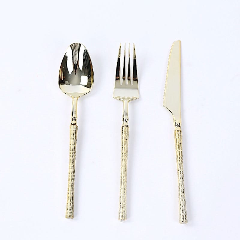 60 Plastic Cutlery Fork Spoon Knife Set with Ribbed Handle - Disposable Tableware DSP_YY0018_BR_8_GOLD_PK60