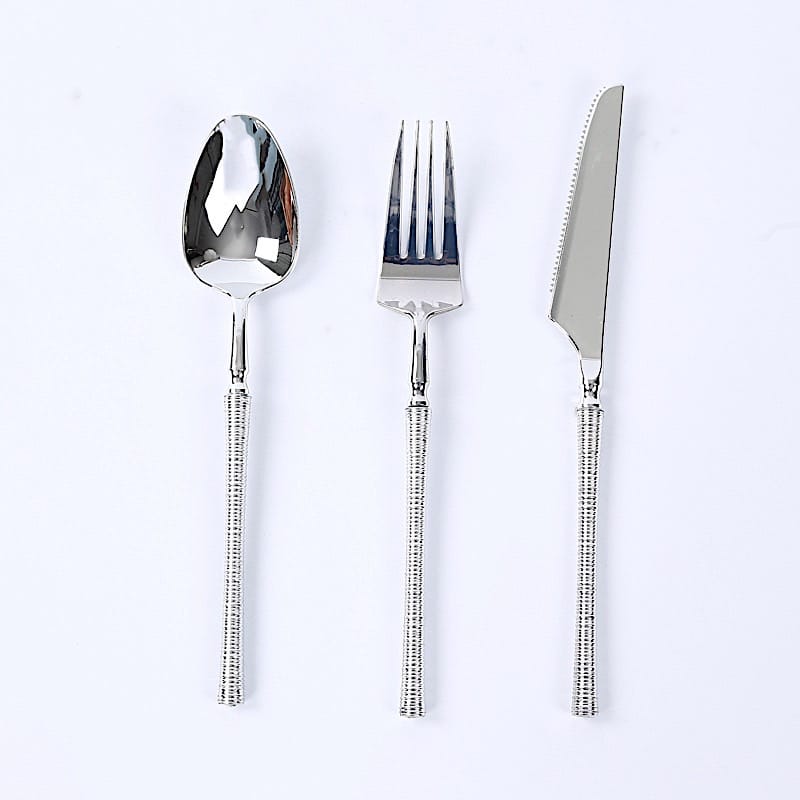 60 Plastic Cutlery Fork Spoon Knife Set with Ribbed Handle - Disposable Tableware DSP_YY0018_BR_8_SILV_PK60