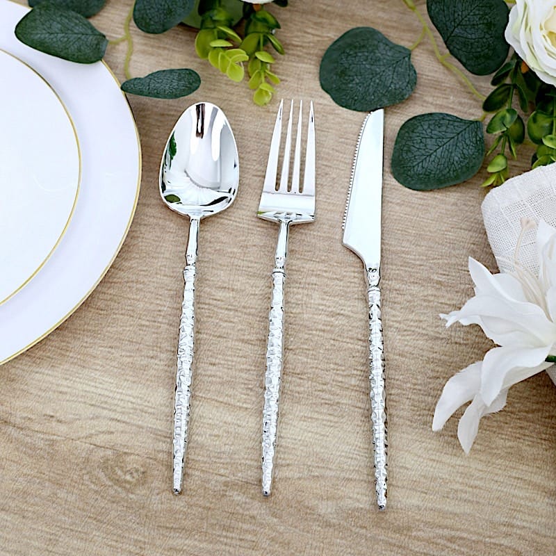 60  Plastic Silverware Set with Faceted Hammered Handles - Disposable Cutlery
