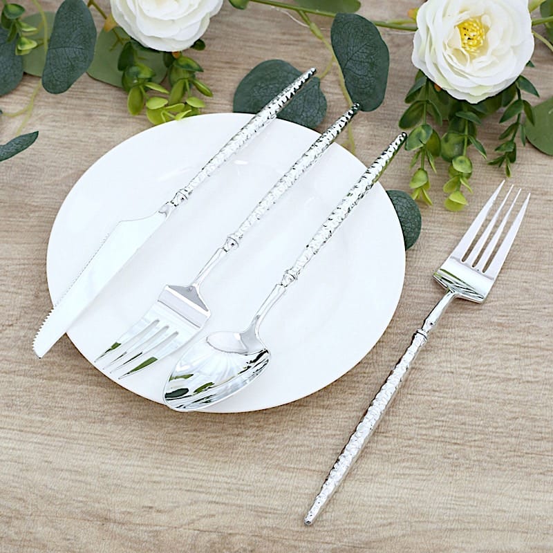 60  Plastic Silverware Set with Faceted Hammered Handles - Disposable Cutlery
