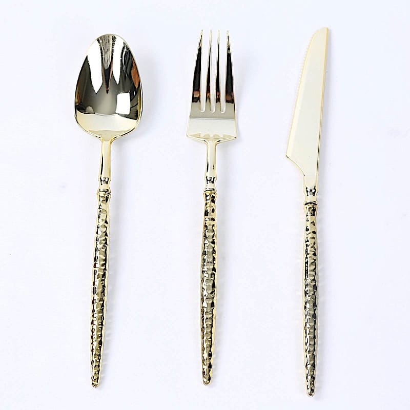 60  Plastic Silverware Set with Faceted Hammered Handles - Disposable Cutlery DSP_YY0002_8_GOLD_PK60