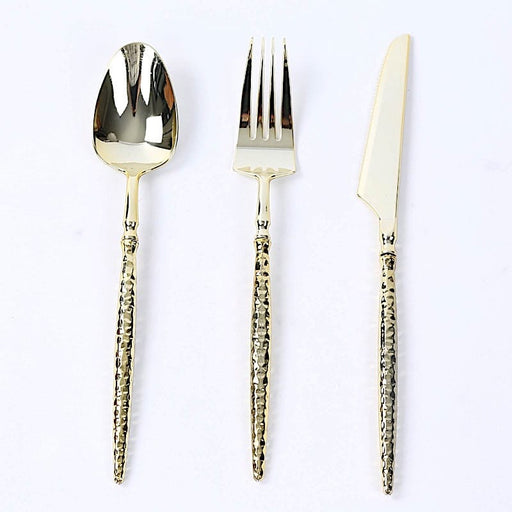 60  Plastic Silverware Set with Faceted Hammered Handles - Disposable Cutlery DSP_YY0002_8_GOLD_PK60