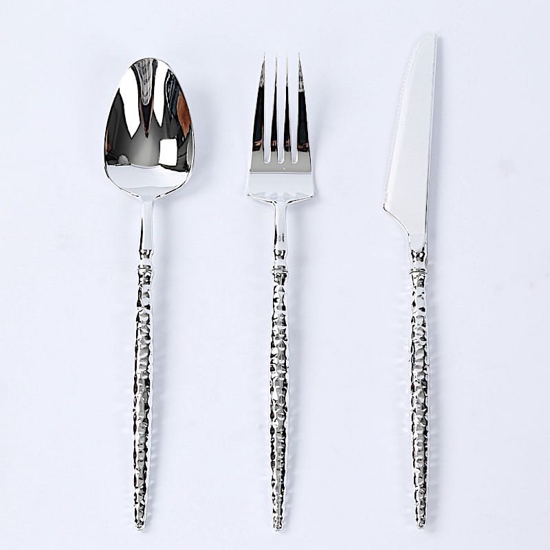 60  Plastic Silverware Set with Faceted Hammered Handles - Disposable Cutlery DSP_YY0002_8_SILV_PK60