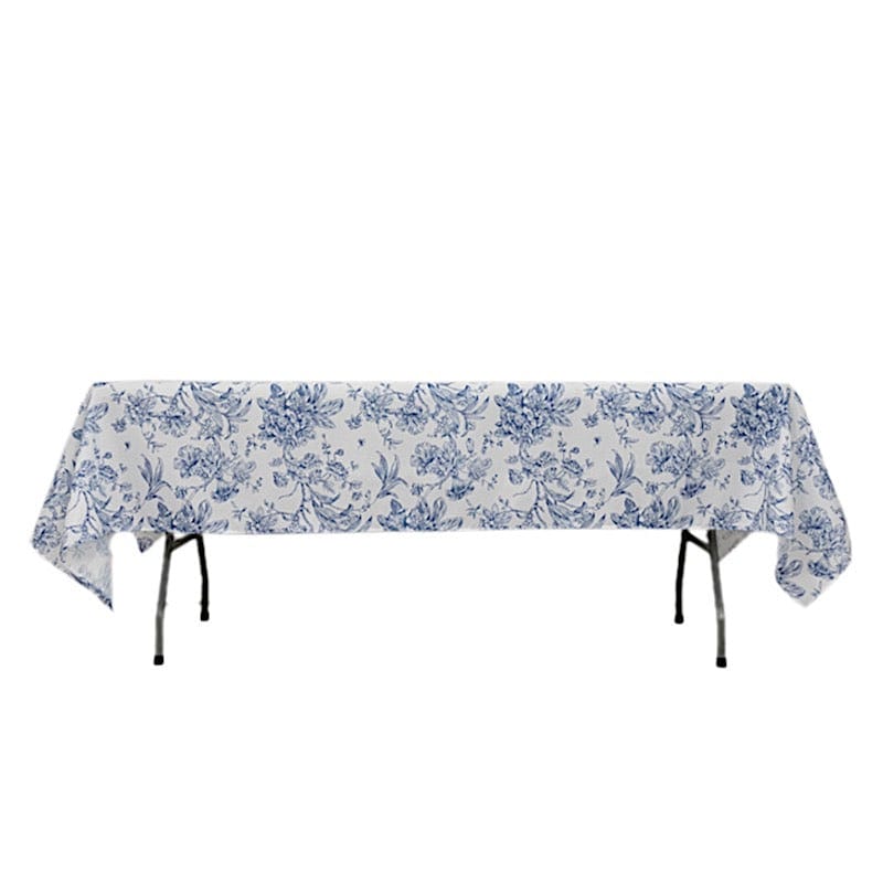 60" x 102" French Toile Pattern Polyester Rectangular Tablecloth - White TAB_PLY_FLORFT_60102_BLUE
