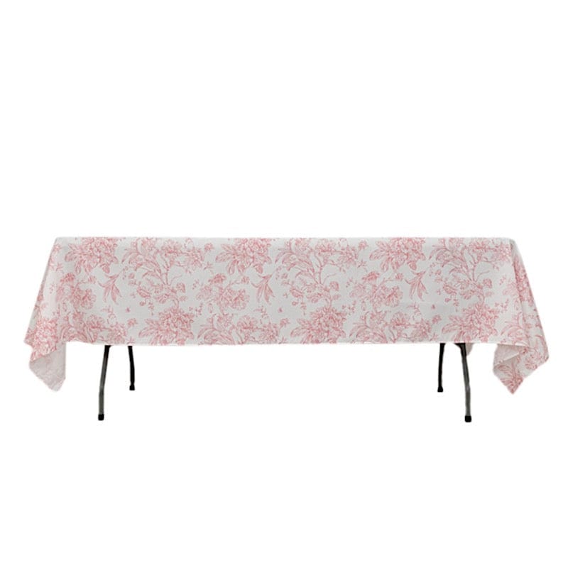 60" x 102" French Toile Pattern Polyester Rectangular Tablecloth - White TAB_PLY_FLORFT_60102_PINK