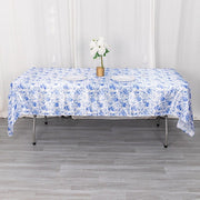 60"x102" Chinoiserie Floral Print Satin Rectangular Tablecloth - White and Blue TAB_STN_FLOR_60102_BLUE