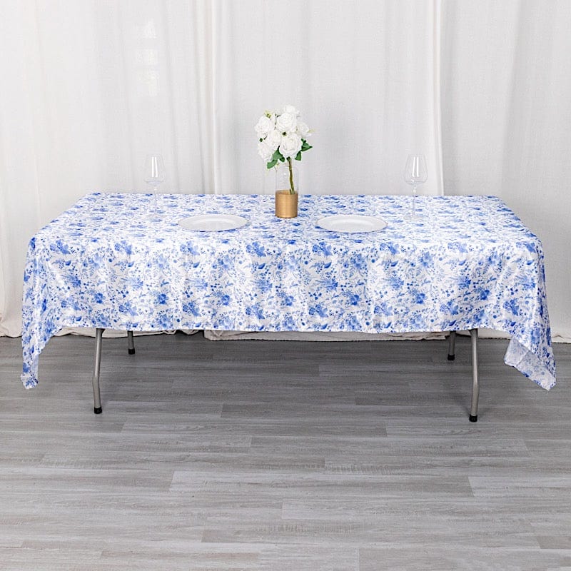 60"x102" Chinoiserie Floral Print Satin Rectangular Tablecloth - White and Blue TAB_STN_FLOR_60102_BLUE