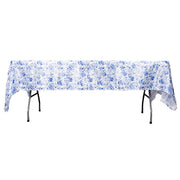 60"x102" Chinoiserie Floral Print Satin Rectangular Tablecloth - White and Blue TAB_STN_FLOR_60102_BLUE