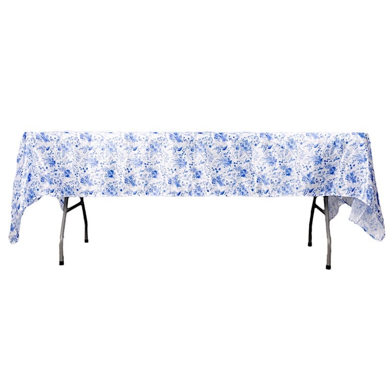 60"x102" Chinoiserie Floral Print Satin Rectangular Tablecloth - White and Blue TAB_STN_FLOR_60102_BLUE