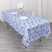 60"x102" Chinoiserie Floral Print Satin Rectangular Tablecloth - White and Blue TAB_STN_FLOR_60102_BLUE