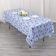 60"x102" Chinoiserie Floral Print Satin Rectangular Tablecloth - White and Blue TAB_STN_FLOR_60102_BLUE