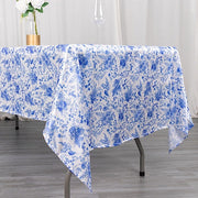 60"x102" Chinoiserie Floral Print Satin Rectangular Tablecloth - White and Blue TAB_STN_FLOR_60102_BLUE