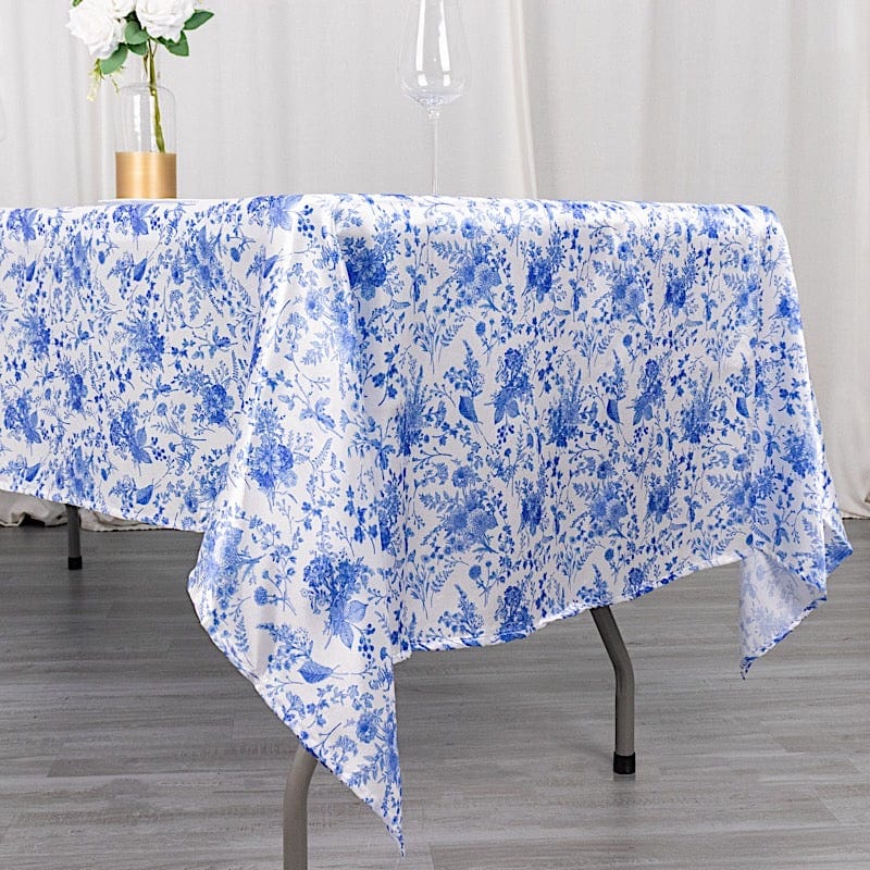 60"x102" Chinoiserie Floral Print Satin Rectangular Tablecloth - White and Blue TAB_STN_FLOR_60102_BLUE