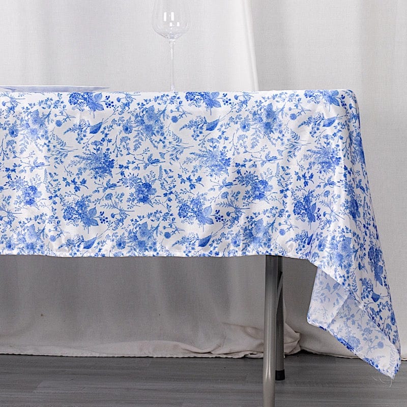 60"x102" Chinoiserie Floral Print Satin Rectangular Tablecloth - White and Blue TAB_STN_FLOR_60102_BLUE