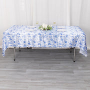 60"x102" Chinoiserie Floral Print Satin Rectangular Tablecloth - White and Blue TAB_STN_FLOR_60102_BLUE