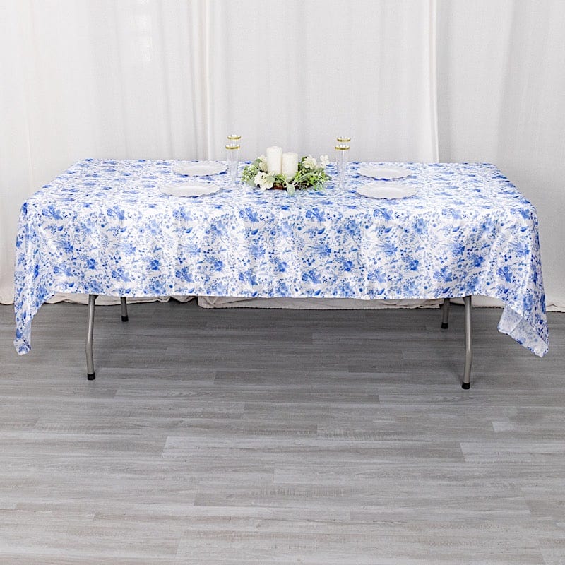 60"x102" Chinoiserie Floral Print Satin Rectangular Tablecloth - White and Blue TAB_STN_FLOR_60102_BLUE