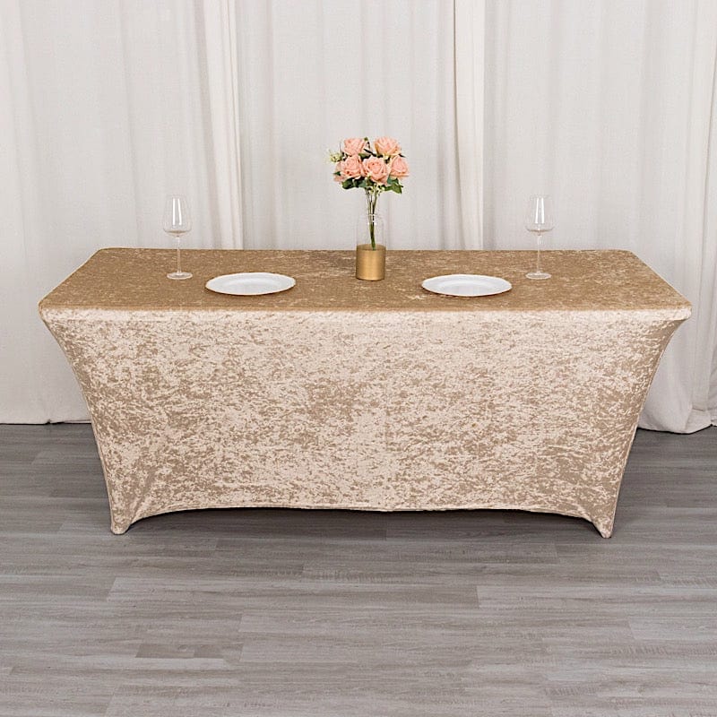 6ft Crushed Velvet Stretch Fitted Rectangular Table Cover - Beige