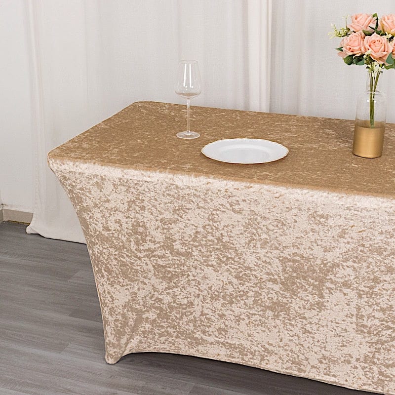 6ft Crushed Velvet Stretch Fitted Rectangular Table Cover - Beige