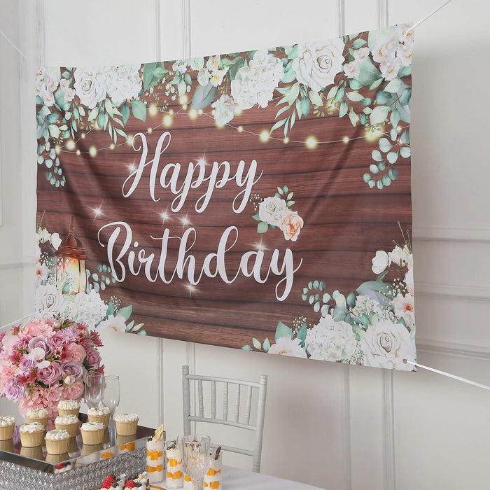 6ftx3ft Rustic Wood Floral Happy Birthday Photo Backdrop - White and Brown BKDP_VIN_6X3_BDAY02