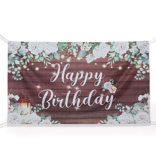 6ftx3ft Rustic Wood Floral Happy Birthday Photo Backdrop - White and Brown BKDP_VIN_6X3_BDAY02