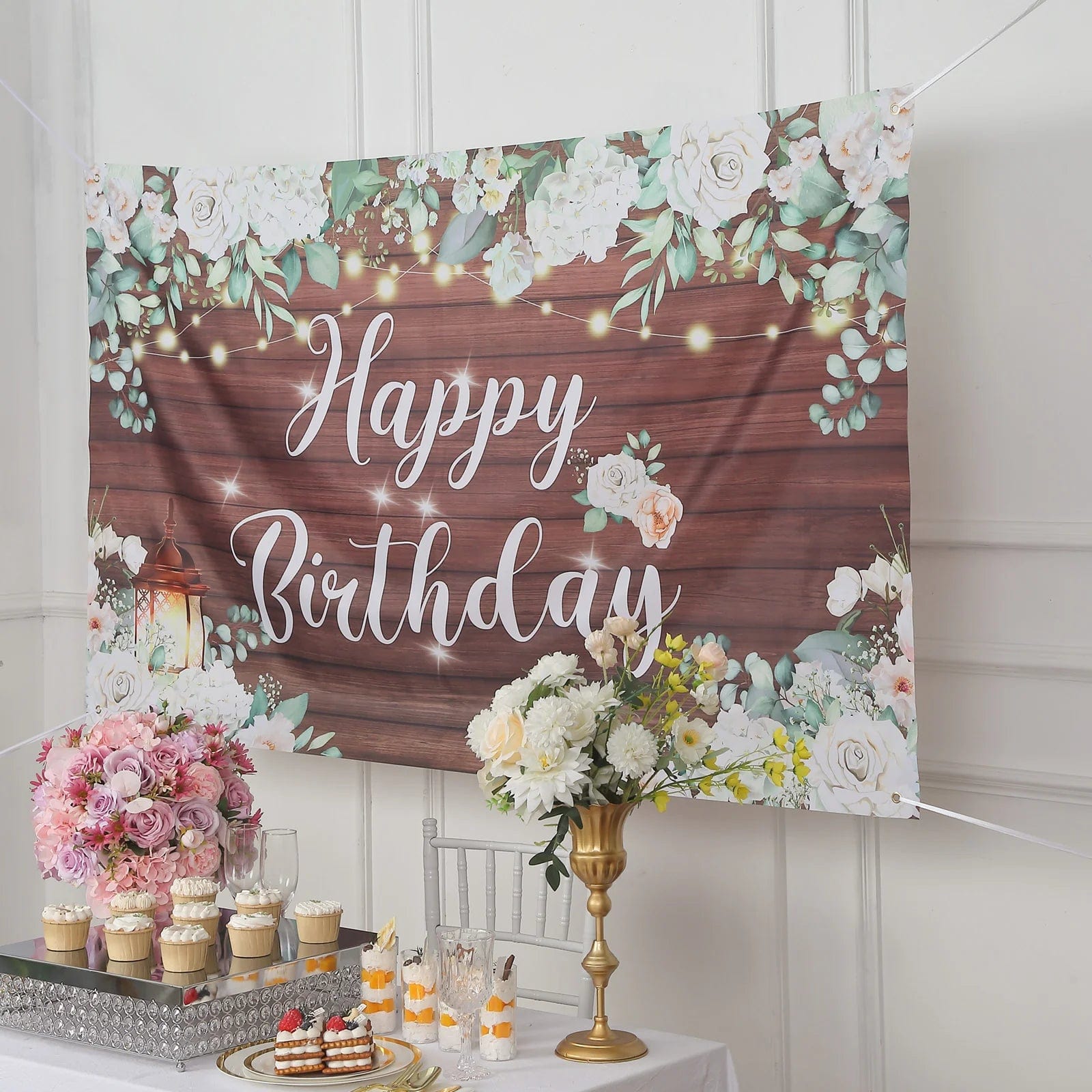 6ftx3ft Rustic Wood Floral Happy Birthday Photo Backdrop - White and Brown BKDP_VIN_6X3_BDAY02