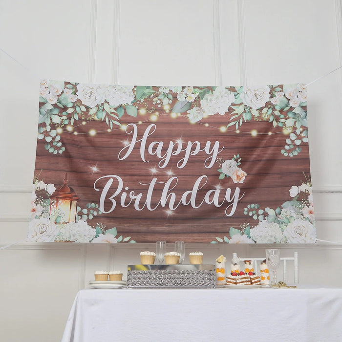 6ftx3ft Rustic Wood Floral Happy Birthday Photo Backdrop - White and Brown BKDP_VIN_6X3_BDAY02