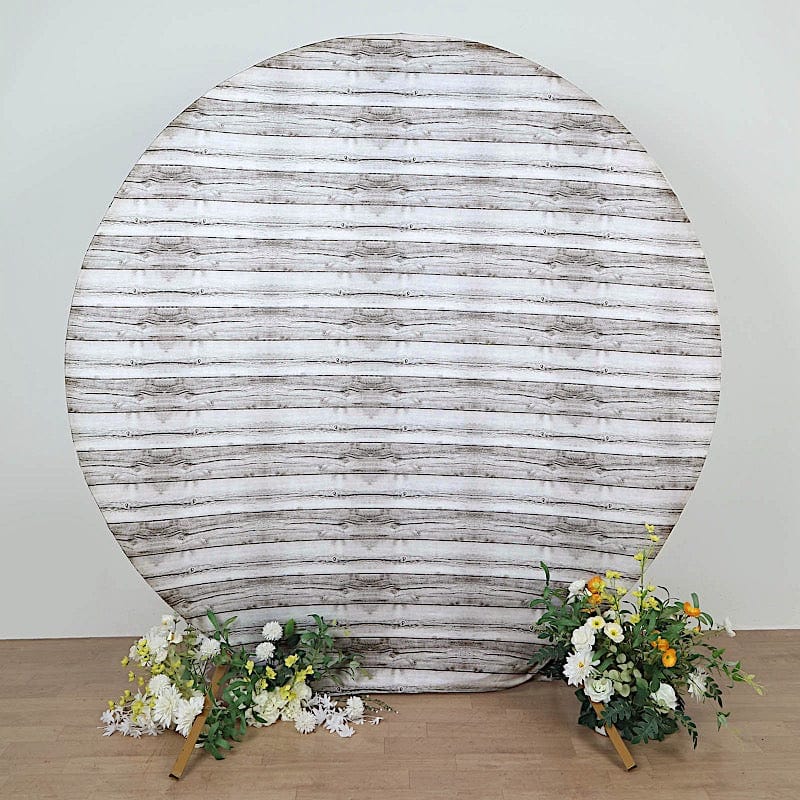 7.5 ft Fitted Spandex Wood Plank Round Backdrop Stand Cover - White BKDP_STNDCIR1_SPX_WOD02_WHT