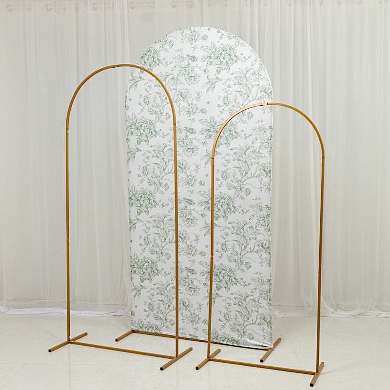 7 ft Fitted Chiara French Toile Floral Spandex Round Top Wedding Arch Backdrop Stand Cover - White