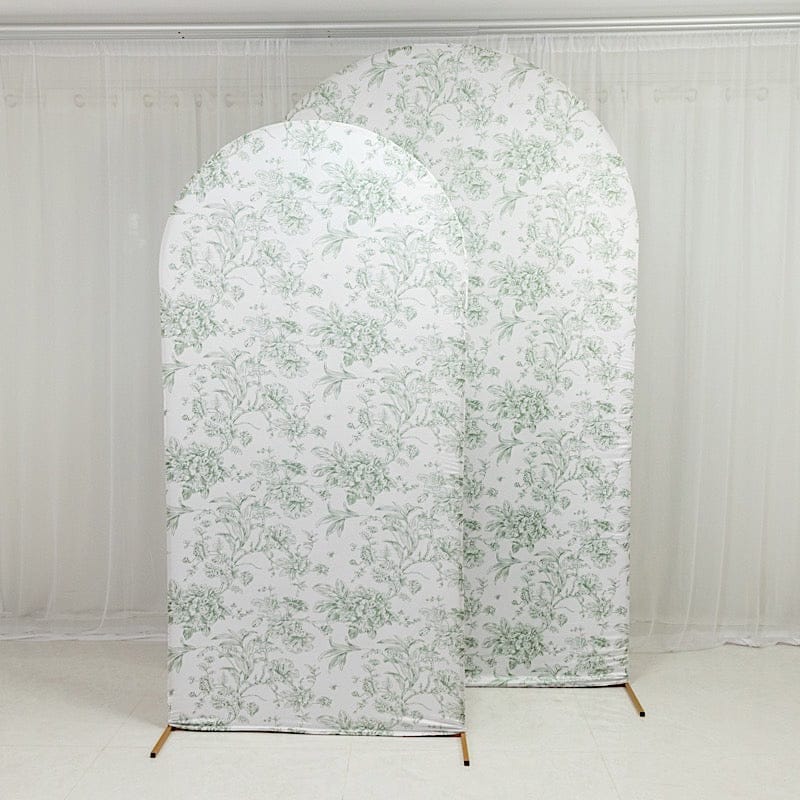 7 ft Fitted Chiara French Toile Floral Spandex Round Top Wedding Arch Backdrop Stand Cover - White