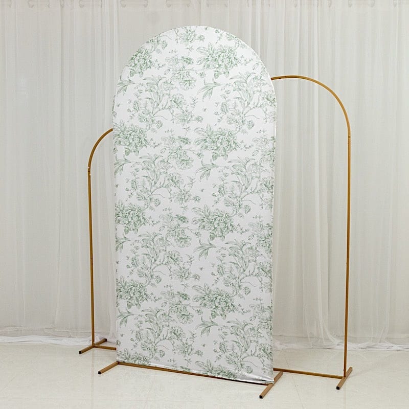 7 ft Fitted Chiara French Toile Floral Spandex Round Top Wedding Arch Backdrop Stand Cover - White