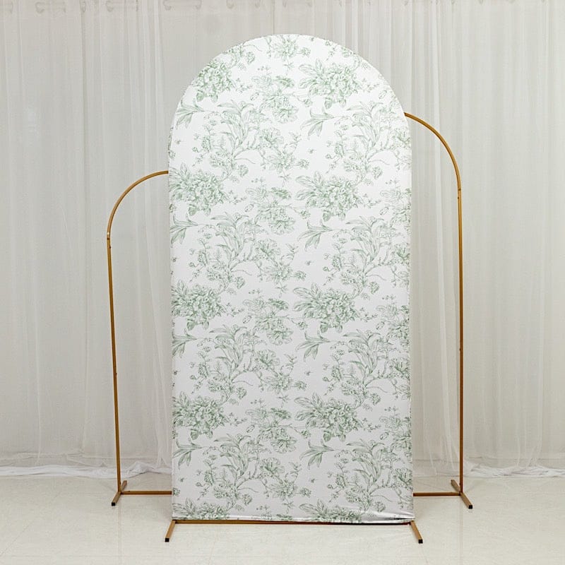 7 ft Fitted Chiara French Toile Floral Spandex Round Top Wedding Arch Backdrop Stand Cover - White