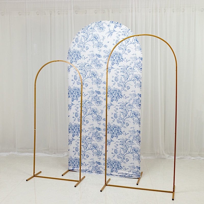 7 ft Fitted Chiara French Toile Floral Spandex Round Top Wedding Arch Backdrop Stand Cover - White