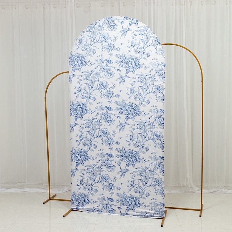 7 ft Fitted Chiara French Toile Floral Spandex Round Top Wedding Arch Backdrop Stand Cover - White