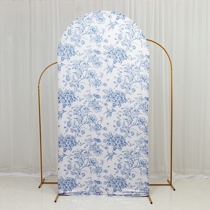 7 ft Fitted Chiara French Toile Floral Spandex Round Top Wedding Arch Backdrop Stand Cover - White