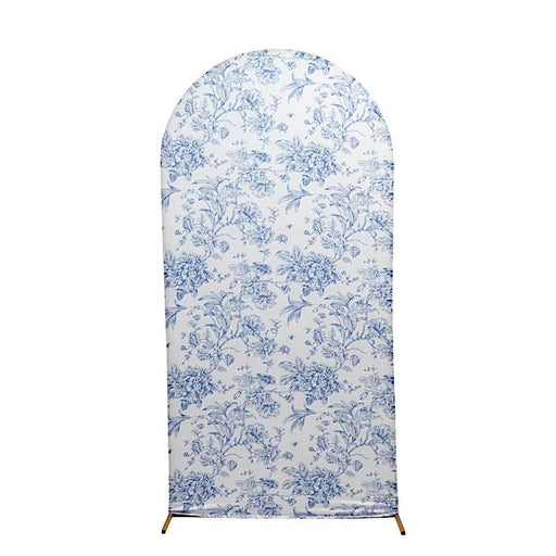 7 ft Fitted Chiara French Toile Floral Spandex Round Top Wedding Arch Backdrop Stand Cover - White IRON_STND06_SPX_FLORFT_L_BLUE