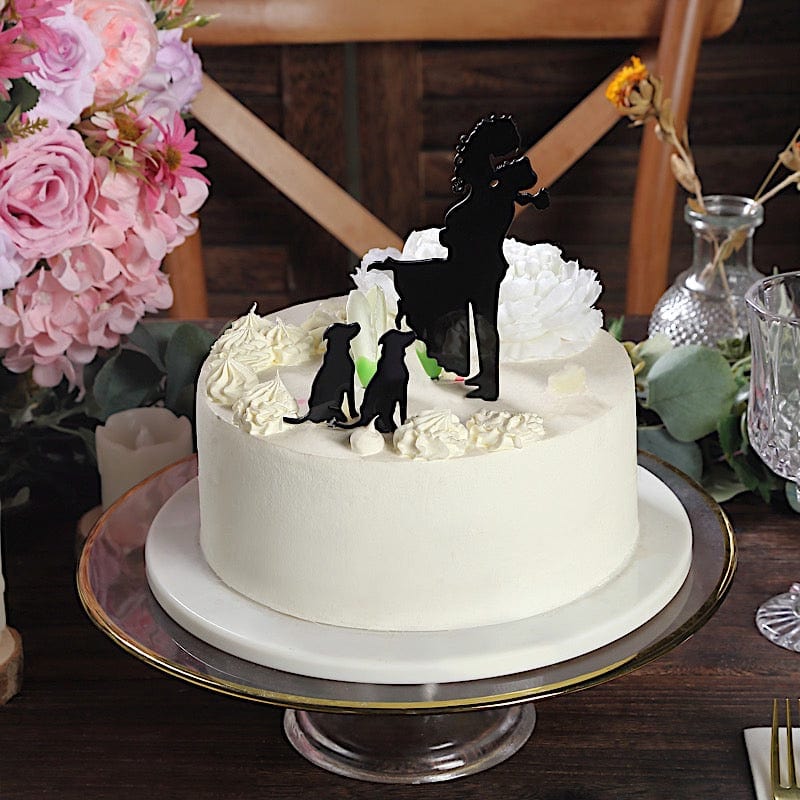 7" Silhouette of Bride Groom and Pet Dogs Acrylic Cake Toppers - Black CAKE_TOP_015_WED_01