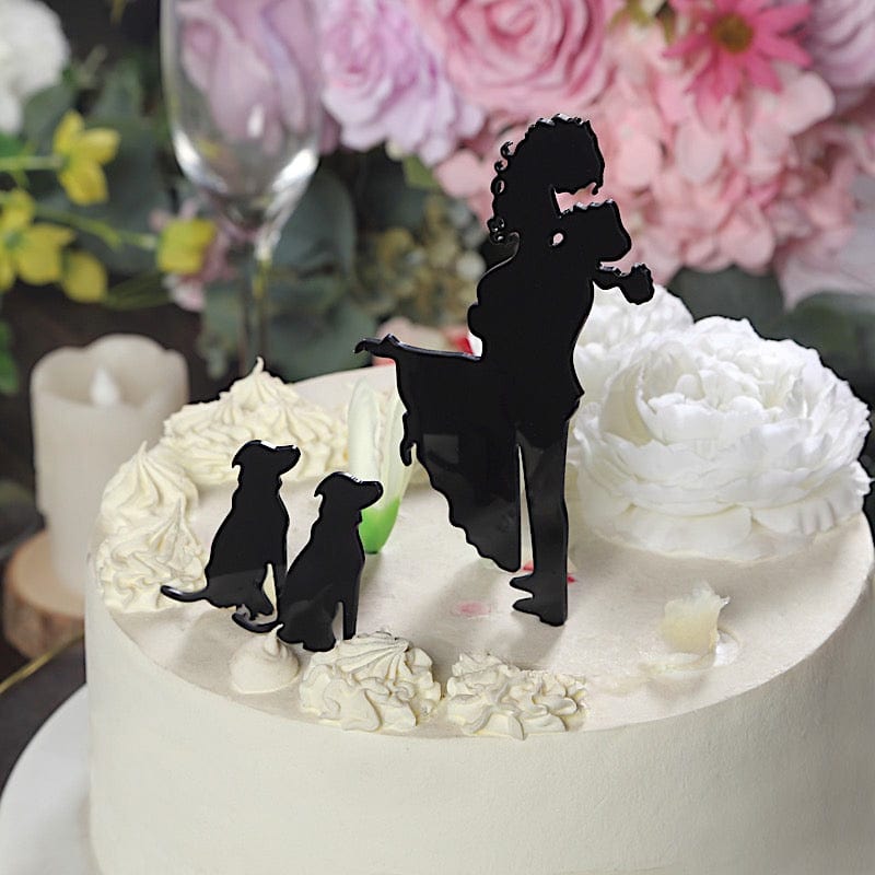 7" Silhouette of Bride Groom and Pet Dogs Acrylic Cake Toppers - Black CAKE_TOP_015_WED_01