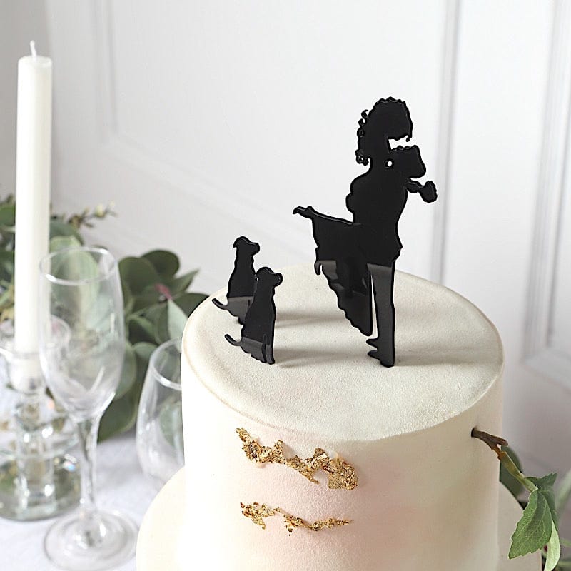 7" Silhouette of Bride Groom and Pet Dogs Acrylic Cake Toppers - Black CAKE_TOP_015_WED_01