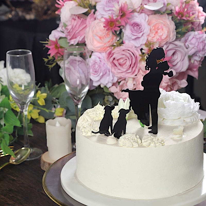 7" Silhouette of Bride Groom and Pet Dogs Acrylic Cake Toppers - Black CAKE_TOP_015_WED_01