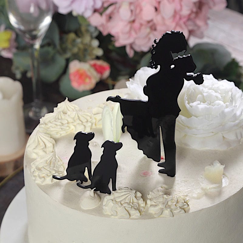 7" Silhouette of Bride Groom and Pet Dogs Acrylic Cake Toppers - Black CAKE_TOP_015_WED_01