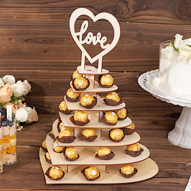 7-tier Wooden Heart Chocolate Display Stand with "Love" Topper - Natural CAKE_WOD017_15_NAT